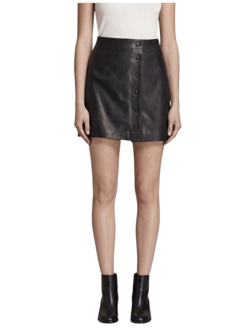 All Saints Setal Leather Button-Front Mini Skirt Black Size 0